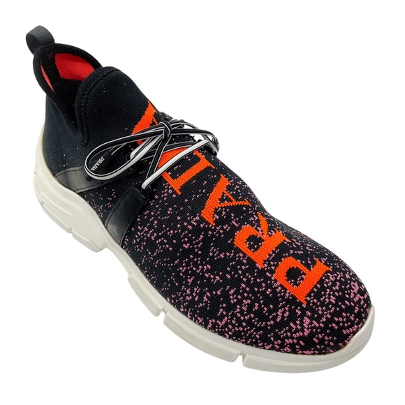 PRADA BLACK / PINK / ORANGE DÉGRADÉ LOGO KNIT LOW TOP SNEAKERS - Picture 1 of 7